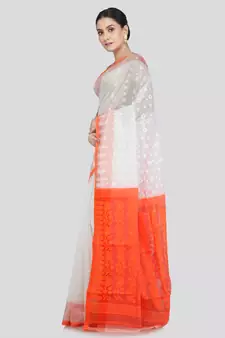 Pinkloom Women'S White Hand_Woven Soft Cotton Jamdani-Sarees Without Blouse Piece