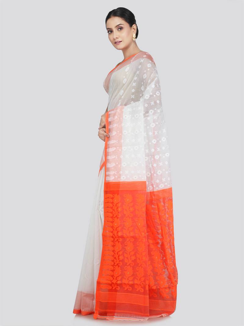 Pinkloom Women'S White Hand_Woven Soft Cotton Jamdani-Sarees Without Blouse Piece