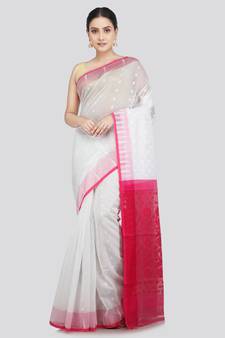 Pinkloom Women'S White Hand_Woven Soft Cotton Jamdani-Sarees Without Blouse Piece