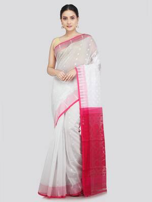 Pinkloom Women'S White Hand_Woven Soft Cotton Jamdani-Sarees Without Blouse Piece 1