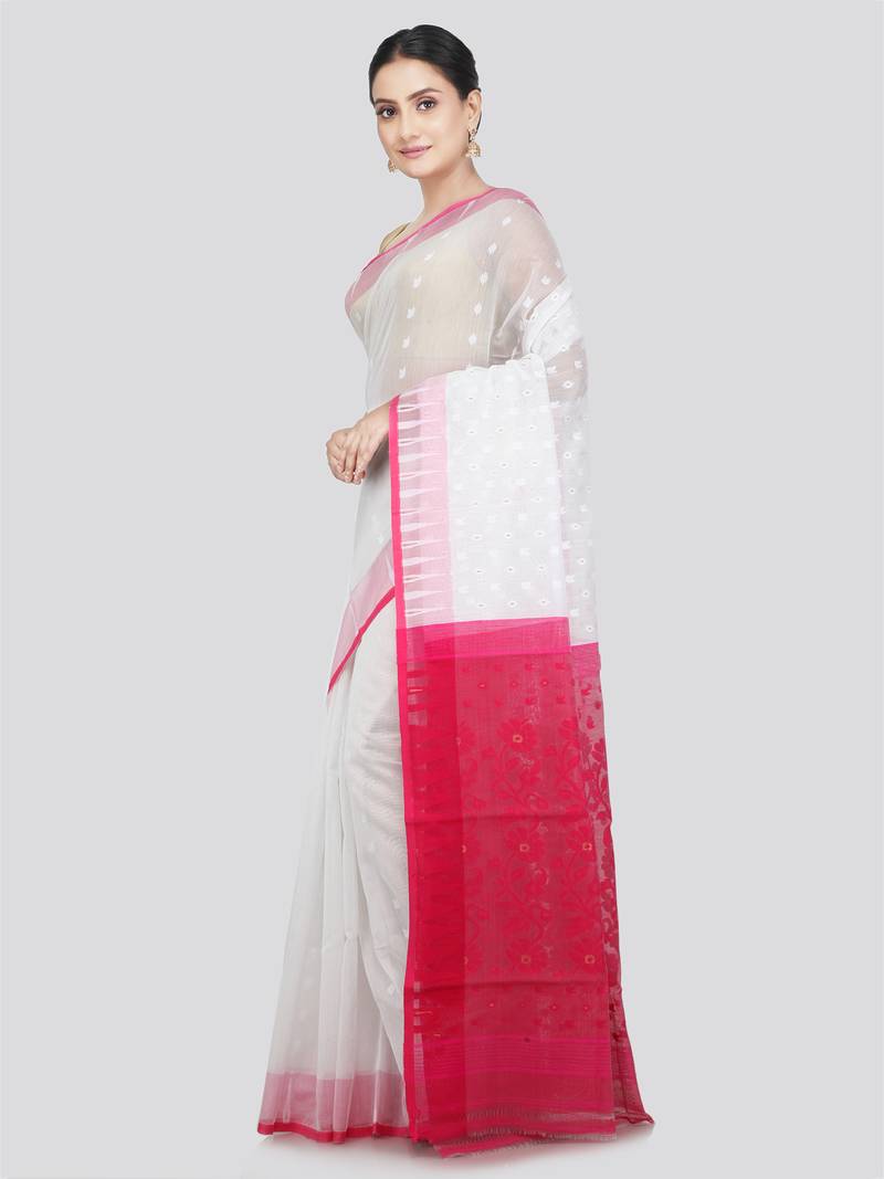 Pinkloom Women'S White Hand_Woven Soft Cotton Jamdani-Sarees Without Blouse Piece