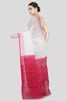 Pinkloom Women'S White Hand_Woven Soft Cotton Jamdani-Sarees Without Blouse Piece