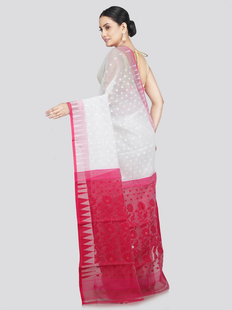 Pinkloom Women'S White Hand_Woven Soft Cotton Jamdani-Sarees Without Blouse Piece