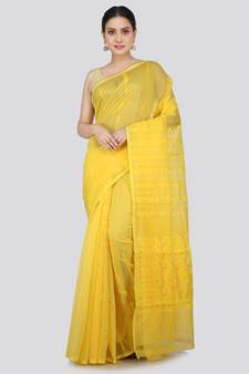 Pinkloom Women'S Yellow Hand_Woven Soft Cotton Jamdani-Sarees Without Blouse Piece