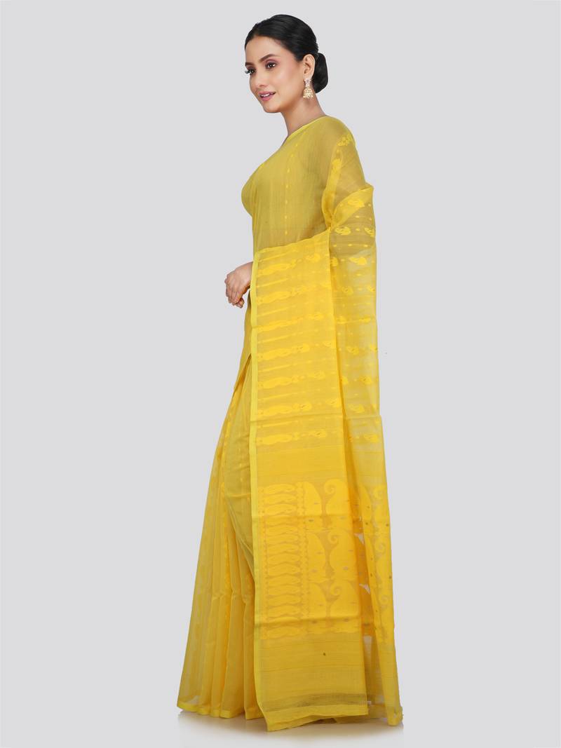 Pinkloom Women'S Yellow Hand_Woven Soft Cotton Jamdani-Sarees Without Blouse Piece