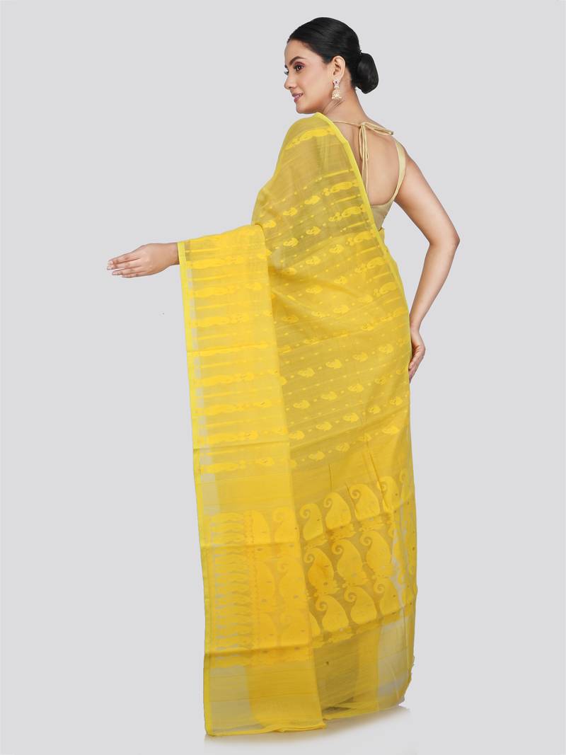 Pinkloom Women'S Yellow Hand_Woven Soft Cotton Jamdani-Sarees Without Blouse Piece