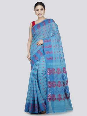 Pinkloom Women'S Blue Hand_Woven Soft Cotton Jamdani-Sarees Without Blouse Piece 1