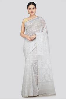 Pinkloom Women'S White Hand_Woven Soft Cotton Jamdani-Sarees Without Blouse Piece