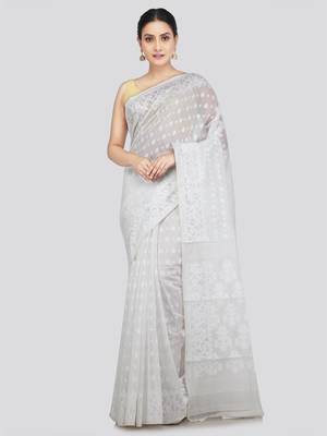 Pinkloom Women'S White Hand_Woven Soft Cotton Jamdani-Sarees Without Blouse Piece 1