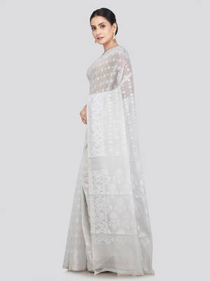 Pinkloom Women'S White Hand_Woven Soft Cotton Jamdani-Sarees Without Blouse Piece 2
