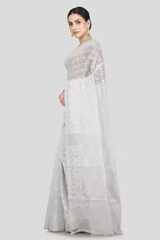 Pinkloom Women'S White Hand_Woven Soft Cotton Jamdani-Sarees Without Blouse Piece