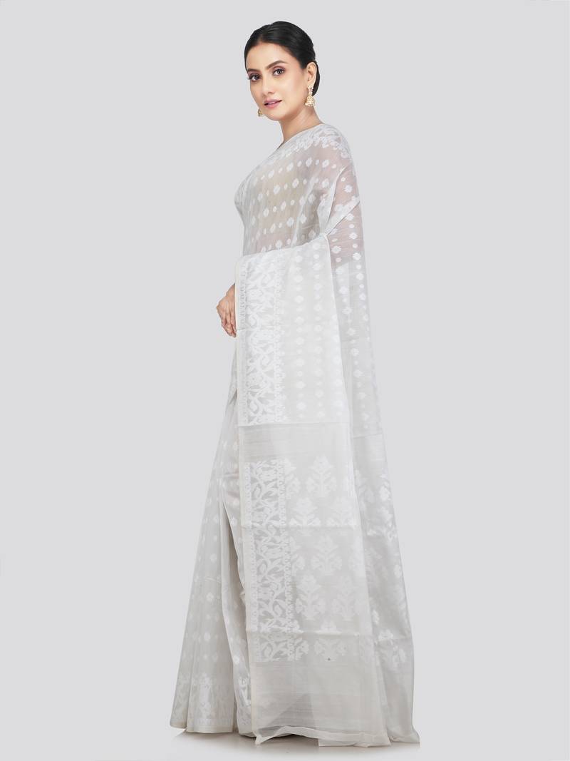 Pinkloom Women'S White Hand_Woven Soft Cotton Jamdani-Sarees Without Blouse Piece