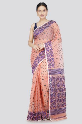 Pinkloom Women'S Peach Hand_Woven Soft Cotton Jamdani-Sarees Without Blouse Piece