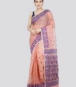 Pinkloom Women'S Peach Hand_Woven Soft Cotton Jamdani-Sarees Without Blouse Piece