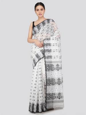 Pinkloom Women'S White Hand_Woven Soft Cotton Jamdani-Sarees Without Blouse Piece 1