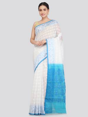 Pinkloom Women'S White Hand_Woven Soft Cotton Jamdani-Sarees Without Blouse Piece 1