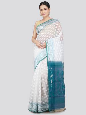PinkLoom Women's  White Hand_Woven Soft Cotton Jamdani-Sarees Without Blouse Piece 1