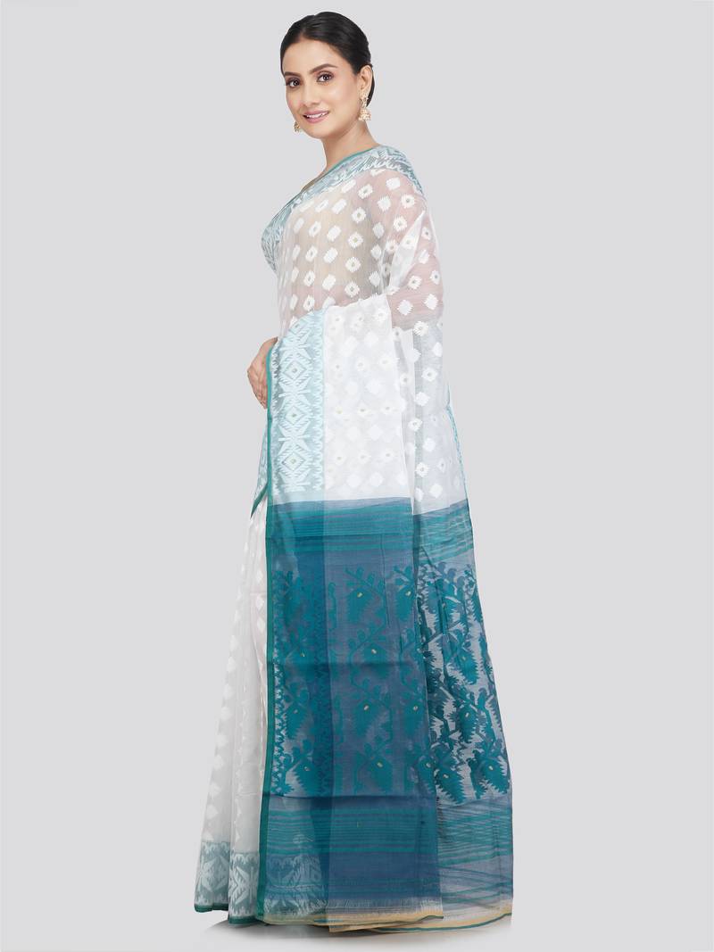 PinkLoom Women's  White Hand_Woven Soft Cotton Jamdani-Sarees Without Blouse Piece