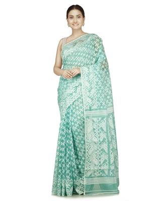 Pinkloom Women'S Turquoise Hand_Woven Soft Cotton Jamdani-Sarees Without Blouse Piece 1