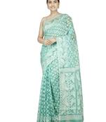 Pinkloom Women'S Turquoise Hand_Woven Soft Cotton Jamdani-Sarees Without Blouse Piece