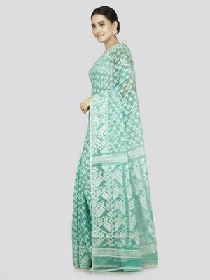 Pinkloom Women'S Turquoise Hand_Woven Soft Cotton Jamdani-Sarees Without Blouse Piece 2