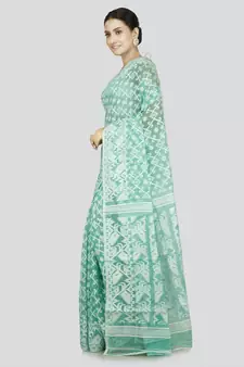 Pinkloom Women'S Turquoise Hand_Woven Soft Cotton Jamdani-Sarees Without Blouse Piece