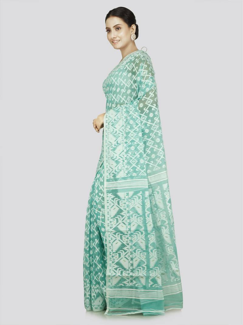 Pinkloom Women'S Turquoise Hand_Woven Soft Cotton Jamdani-Sarees Without Blouse Piece