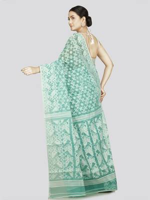 Pinkloom Women'S Turquoise Hand_Woven Soft Cotton Jamdani-Sarees Without Blouse Piece 3