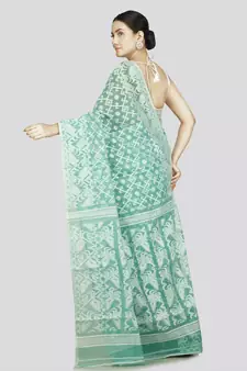 Pinkloom Women'S Turquoise Hand_Woven Soft Cotton Jamdani-Sarees Without Blouse Piece