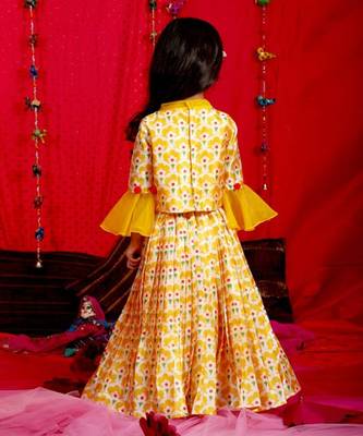 Yellow 3/4 sleeves crop top with pleated long skirt 2