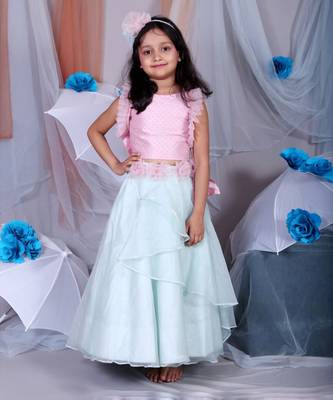 Peach Pleated sleeves crop top with layered lahenga 1