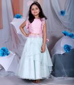 Peach Pleated sleeves crop top with layered lahenga