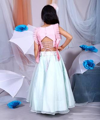 Peach Pleated sleeves crop top with layered lahenga 2