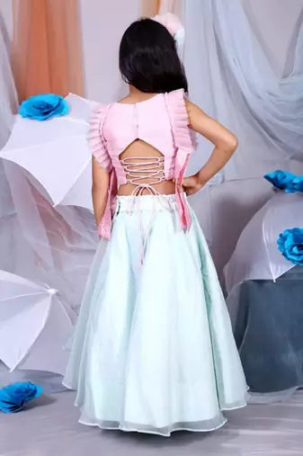 Peach Pleated sleeves crop top with layered lahenga