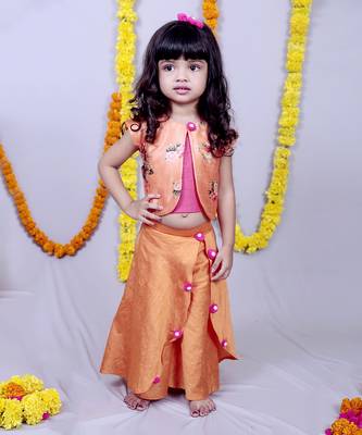 Orange embroidered cotton silk kids tops 1