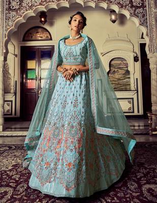 Turquoise embroidered georgette semi stitched lehenga 1
