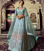 Turquoise embroidered georgette semi stitched lehenga
