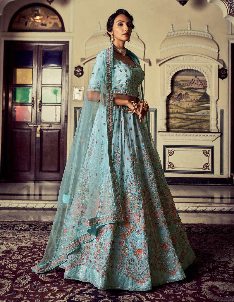 Turquoise embroidered georgette semi stitched lehenga