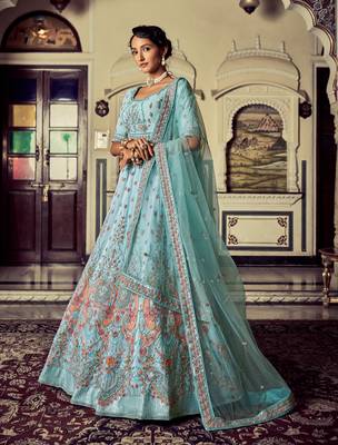 Turquoise embroidered georgette semi stitched lehenga 3