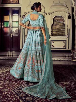 Turquoise embroidered georgette semi stitched lehenga 4