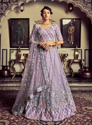 Lilac embroidered georgette semi stitched lehenga 2
