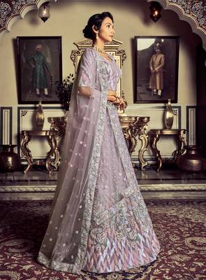 Lilac embroidered georgette semi stitched lehenga 3