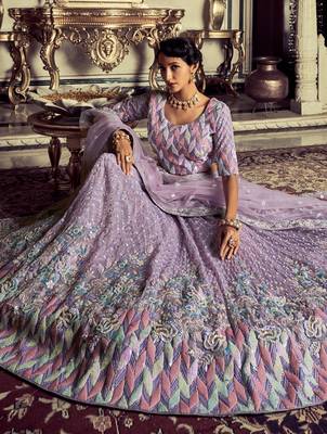 Lilac embroidered georgette semi stitched lehenga 4
