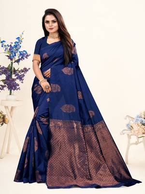 Navy Blue Woven Banarasi Art Silk Saree With Blouse 1