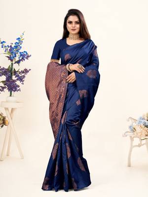 Navy Blue Woven Banarasi Art Silk Saree With Blouse 2