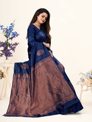 Navy Blue Woven Banarasi Art Silk Saree With Blouse 3