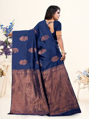 Navy Blue Woven Banarasi Art Silk Saree With Blouse 4