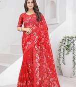 Red embroidered net saree with blouse