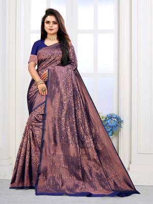 Navy Blue Woven Banarasi silk blend Saree With Blouse 1