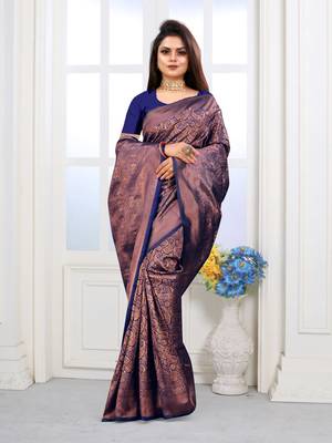 Navy Blue Woven Banarasi silk blend Saree With Blouse 2